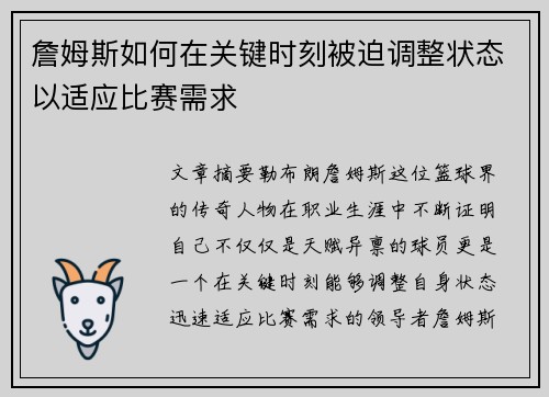 詹姆斯如何在关键时刻被迫调整状态以适应比赛需求